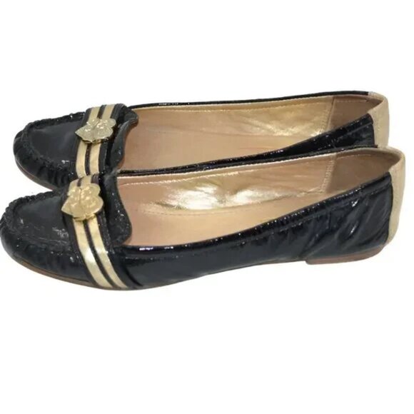 Coach Black Patent Leather Metallic Gold Logo Holiday Vtg Flats Loafers Shoes 8 - Picture 3 of 9